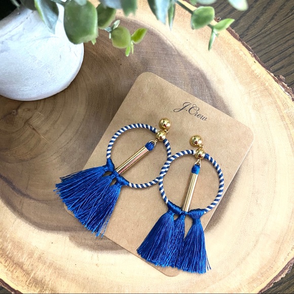 💙HP💙 J Crew Navy/ Gold Drop Hoop Tassel Earrings